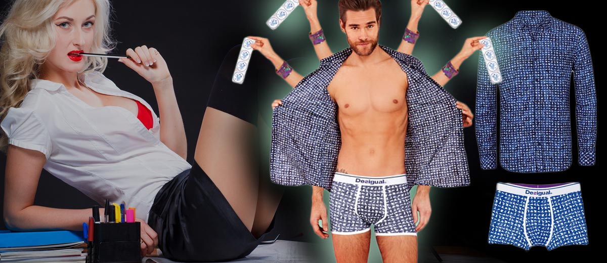 Rafinovaný pánský look Desigual s potisky poloh z kámasútry (kolekce jaro/léto 2014).