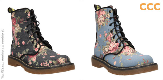 Vysoké šněrovací boty CCC s retro květinami připomínají klasické Martensky. Oblíbíte si je!(Cena: 899 Kč)