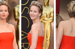 Jennifer Lawrence vsadila na netradičně nastylovaný náhrdelník – nezdobí jí tradičně dekolt, ale záda.