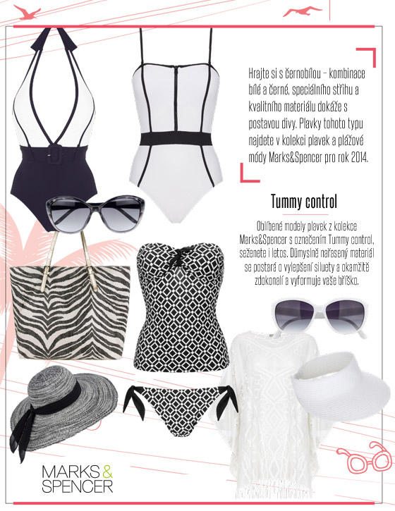 Hrajte si s černobílou – kombinace bílé a černé, speciálního střihu a kvalitního materiálu dokáže s postavou divy. Plavky tohoto typu najdete v kolekci plavek a plážové módy Marks&Spencer pro rok 2014.