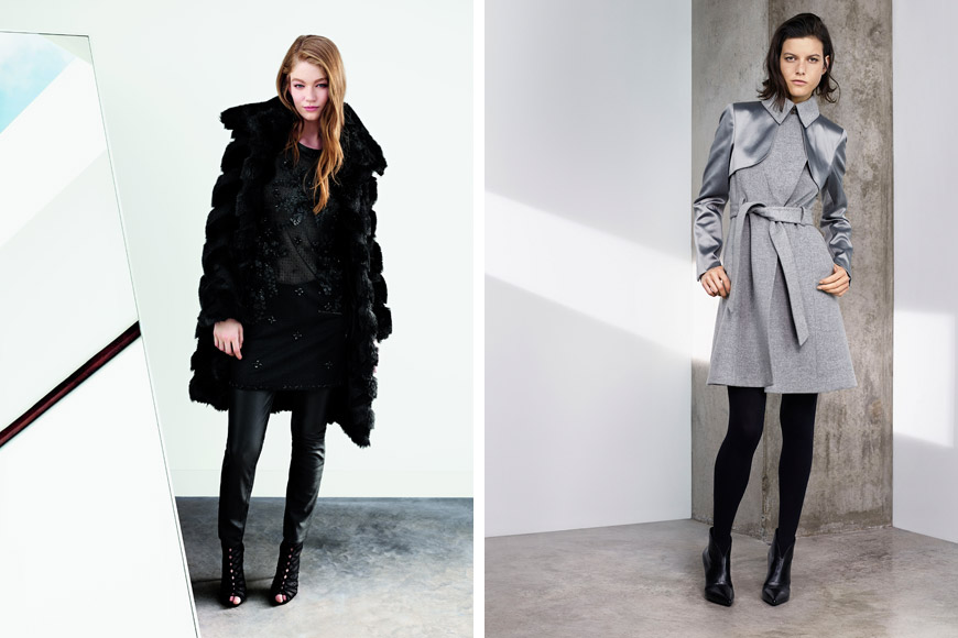 Kabáty Karen Millen – lookbook podzim/zima 2014: kožešinový bundokabát a nádherný šedý zimník se saténovými vsadkami.