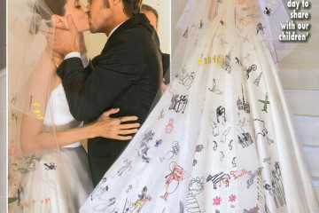 Svatební obálka Hello! magazínu, kde je vidět detailně závoj svatebních šatů Angleina Jolie pomalovaný kresbičkami dětí Angeliny a Brada.
