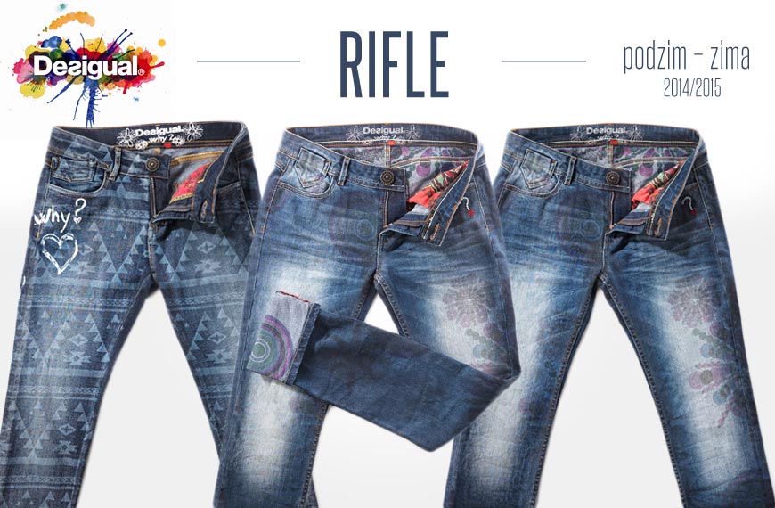 Podzimní rifle Desigual ozdobil laser, výrazné nitě s metalickým efektem a kreativita designérů značky.