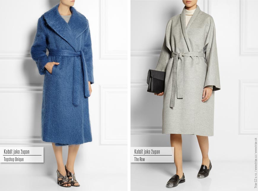 Kabát jako župan: zleva Topshop Unique, The Row.