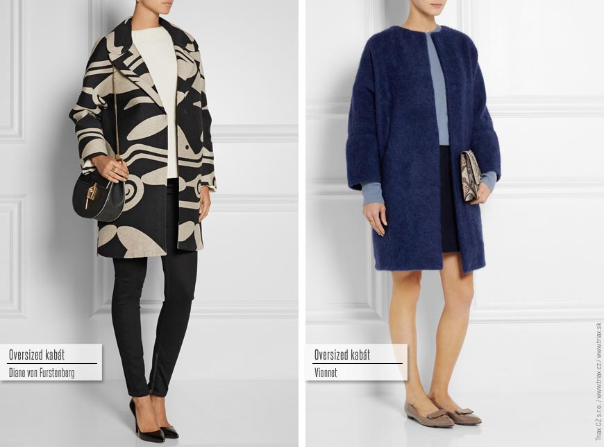 Oversized kabát: zleva Diane von Furstenberg, Vionnet.