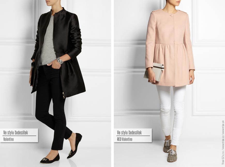 Kabát ve stylu šedesátek: zleva Valentino, RED Valentino.
