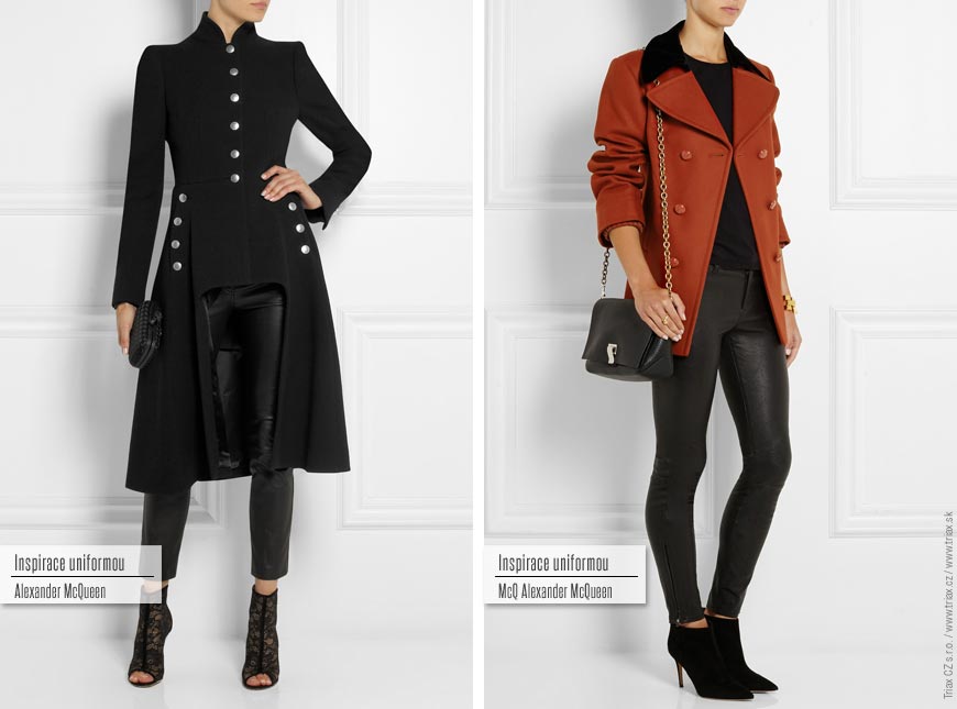 Kabát inspirovaný uniformou: zleva Alexander McQueen, McQ Alexander McQueen.