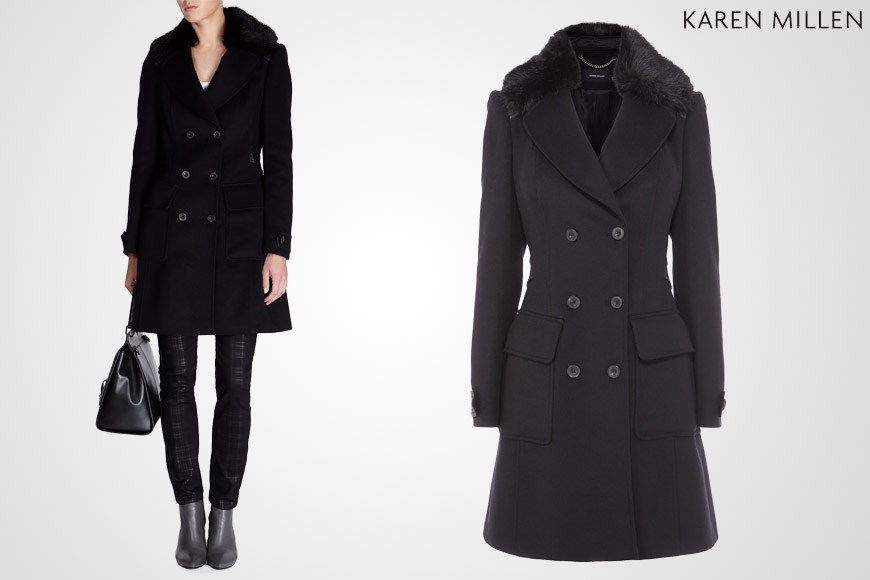 Karen Millen nabízí také nejoblíbenější typy kabátů: 3/4 černý kabát a to hned v několika variantách.