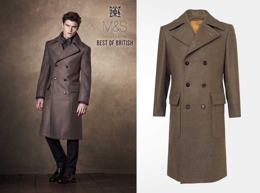 Pánský kabát z kolekce Marks&Spencer pro podzim/zima 2014/2015. Kabát je z kolekce Best of British a je v módní skořicovo-hnědé barvě.