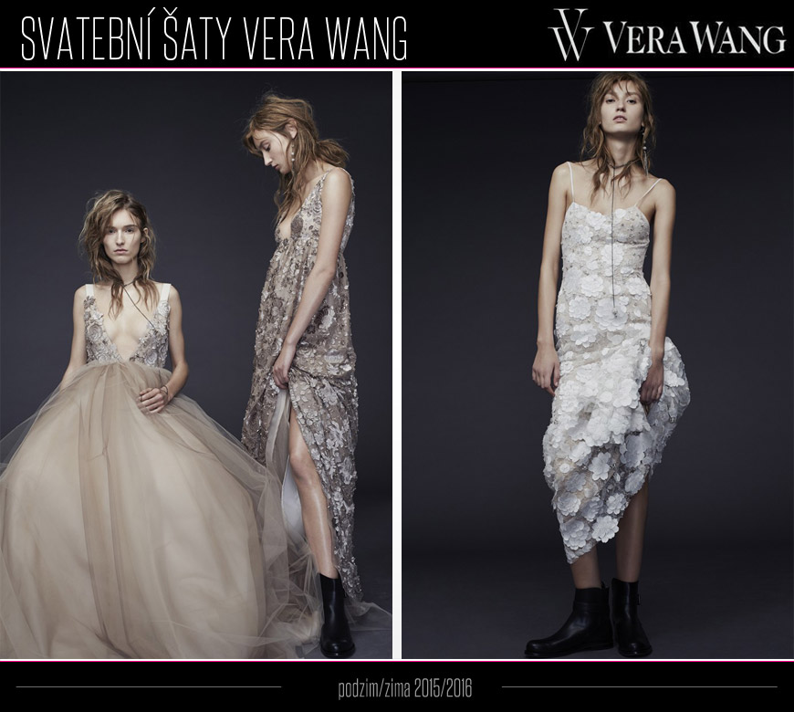 Svatební šaty Vera Wang jsou hlavně v bílé, ale nechybí ani modely v nude barvě či exkluzivní bílý model s ručně našívanými květinami. Svatební šaty jsou z módní kolekce Vera Wang podzim/zima 2015/2016.