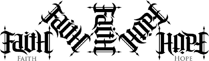 Ambigram Marka Palmera, který se z jedné strany čte Faith (víra) a z druhé Hope (naděje).