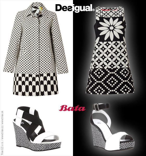 Černobílé oblečení – šaty a kabáty z jarní kolekce Desigual skvěle zkombinujete s černobílými sandály Baťa.