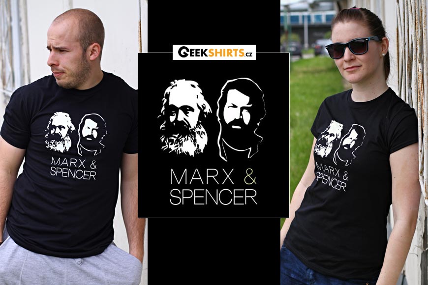 Anglický módní řetěz překřtili vtipálci na Marx&Spencer. A do loga se dostali i slavní nositelé tohoto jména – Karl Marx a Bud Spencer. Trička s vtipnými potisky koupíte na Geekshirts.cz.